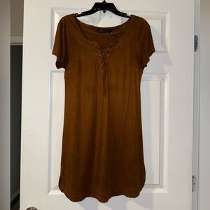 Love @ First Sight Brown Lace-Up Suede Cowgirl Short Sleeve Dress - Size S 🤎